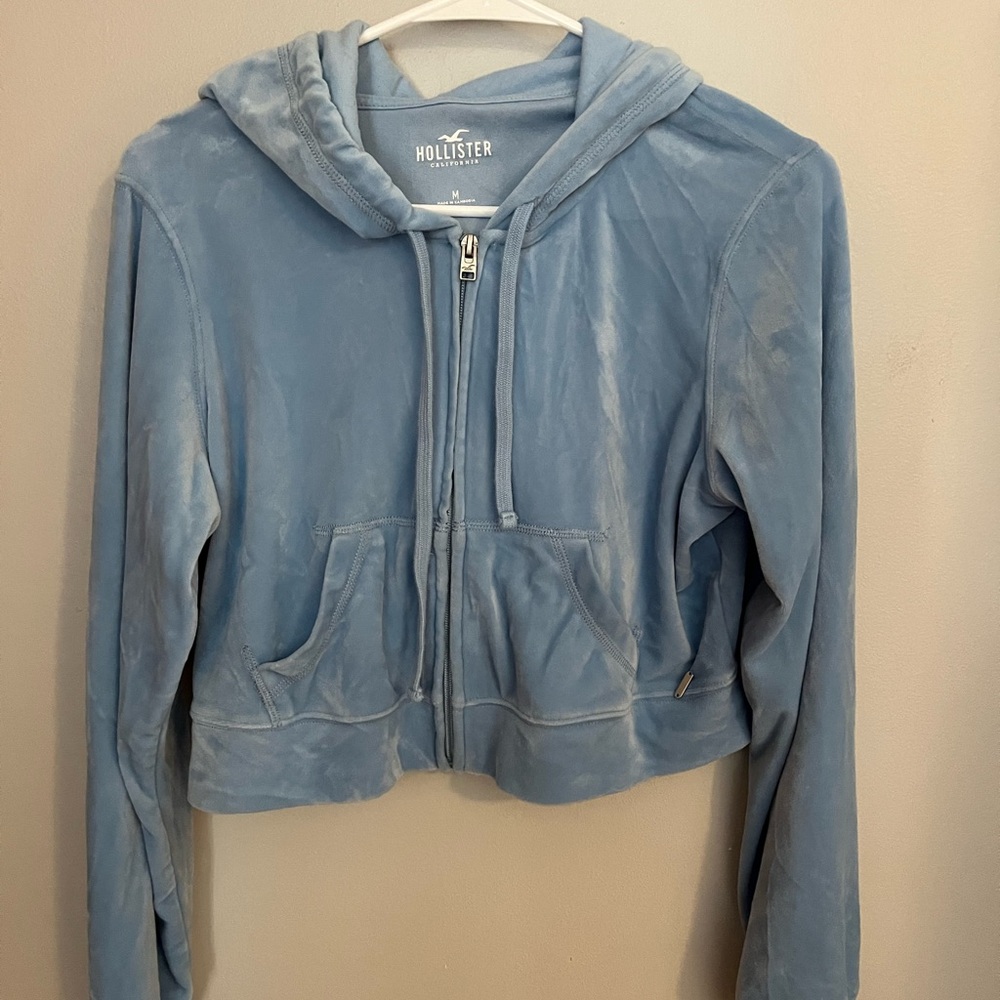 Hollister Women's Sky Blue Velour Zip-Up Hoodie Jacket